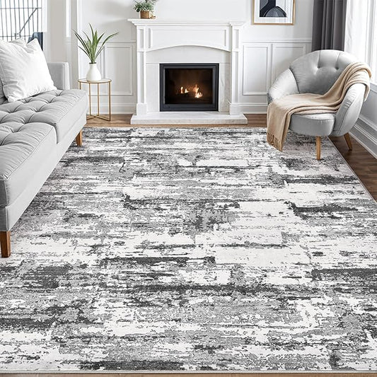 Area Rugs for Living Room: 10x14 Abstract Washable Rug Modern Neutral Large Soft Stain Resistant Non-Slip Backing Machine Table for Bedroom Dining Room Indoor Home Office Carpet - Black Grey