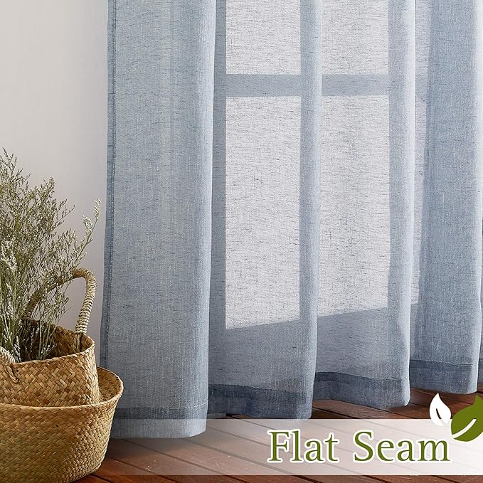 NICETOWN Linen Sheer Kitchen Short Curtains 48 inch Length 2 Panels, Grommet Semi Sheer Small Window Treatments Privacy with Light Filtering Drapes for Bedroom, Sea Mist, W36 x L48, 2 Panels