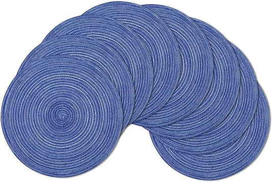 SHACOS Round Braided Placemats Set of 8 Round Table Mats for Dining Tables Washable Fabric Kitchen Table Place Mats (Blue White, 8)