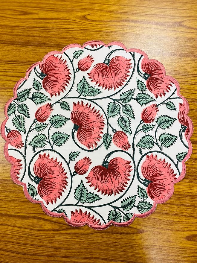 Ridhi Coral and Turquoise Green Bo-ho Round Place Mat Double Layer Floral Cotton Washable Placemats 15" Round Embroidery Block Print Table Mat Pack of 4-15 Inch Round
