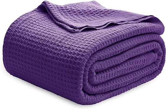 Bedsure 100% Cotton Blanket King Size for Bed - Breathable and Soft, Waffle Weave Blanket for Summer Spring, Purple, 104x90 inches