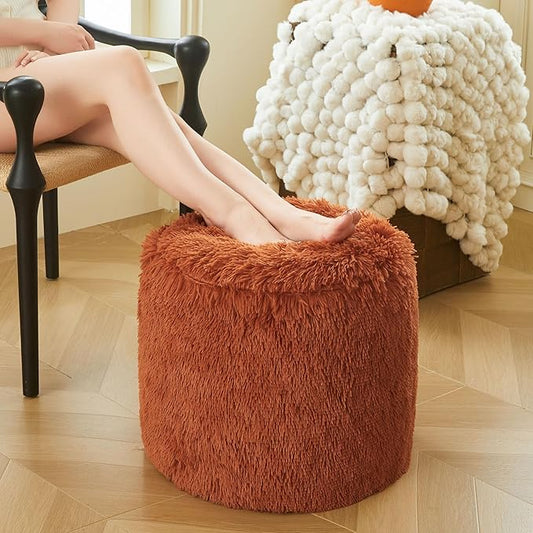 XeGe Fluffy Faux Fur Inflatable Pouf Ottoman, Soft Fuzzy Foot Stool, Plush Furry Foot Rest Floor Pouf Anti-Slip for Kids Girls Adult, Cute Foldable Round Ottoman Cushion Living Room, Burnt Orange