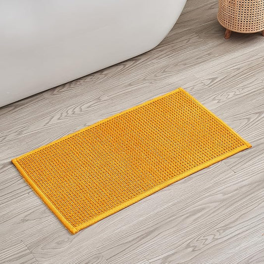 Douceur Chenille Waffle mat with Patented noslip Backing, Acrylic Blend Chenille Absorbent Bathroom Rugs, Cushioned mesh Backed Bath Rug Machine Washable, 18" x 32", Mustard Yellow