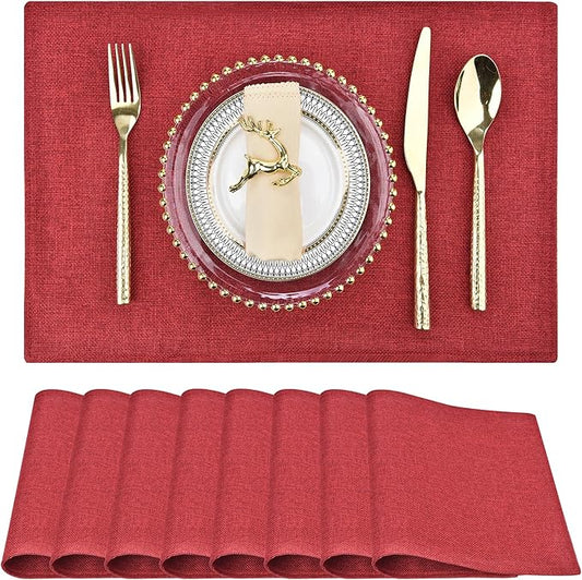 Red Christmas Placemats Set of 8 - Festive Easy to Clean Linen-Style Fabric Table Mats - Machine Washable & Heat Resistant Non-Slip Design for Thanksgiving and Holiday Dining (Red, 8)