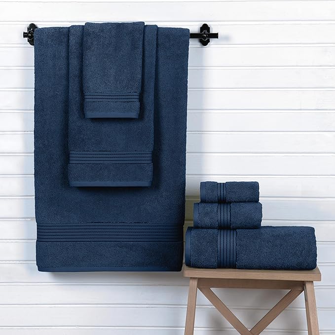 Elegant Comfort Premium Cotton 6-Piece Towel Set, Includes 2 Washcloths, 2 Hand Towels and 2 Bath Towels, 100% Turkish Cotton - Highly Absorbent and Super Soft Towels for Bathroom, Navy