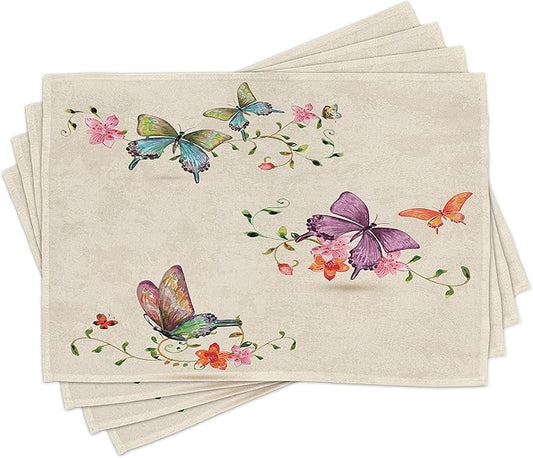 Ambesonne Butterfly Place Mats Set of 8, Springtime Flying Moths on Vintage Style Background Wings Transformation, Washable Fabric Placemats for Dining Table, Placemat 8 pcs, Cream Pink