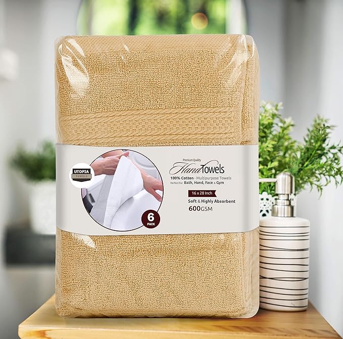 Utopia Towels 6 Pack Premium Hand Towels Set, 16 by 28 inches, 100% Ring Spun Cotton, Ultra Soft and Highly Absorbent 600GSM Towels for Bathroom, Gym, Shower, Hotel, and Spa, Beige