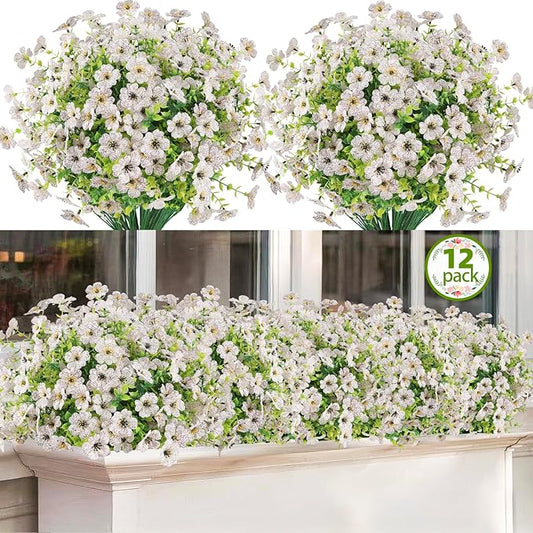 Artificial Flowers Outdoor Faux Plants UV Resistant 12 Bundles Fake Patio Flowers Plastic Greenery Plnats Outside Bulk for Spring Garden Hanging Planter Home Vase Decor, White