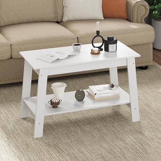 2-Tie Coffee Table, Rustic Wood Living Room Tables with Open Rectangular Storage Compartment, Coffee Tables for Living Room, Outdoors, Home Office, Bedroom, White