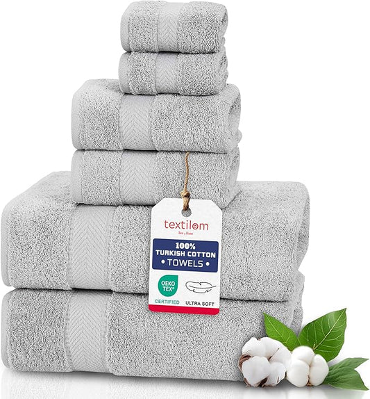 TEXTILOM 6 Pcs Bath Towel Set – Hotel and Spa Quality & Soft & Absorbent & Quick Dry Bath Towels for Bathroom –100% Turkish Cotton Bathroom Towels Set (2 Bath Towels,2 Hand Towels,2 Washcloths)-LGrey