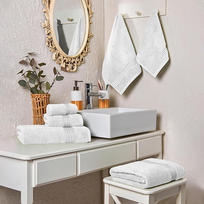 Elegant Comfort Premium Cotton 6-Piece Towel Set, Includes 2 Washcloths, 2 Hand Towels and 2 Bath Towels, 100% Turkish Cotton - Highly Absorbent and Super Soft Towels for Bathroom, White/Gray
