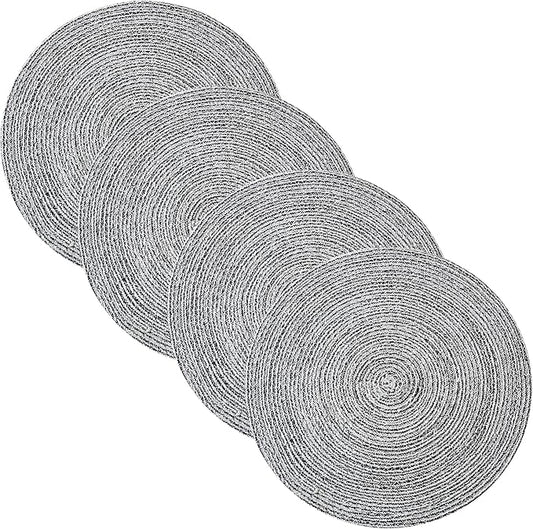 Round Placemats Set of 4-100% Cotton Two-Tone Placemat for Dining Table - Woven Braided Table Setting Place Mat - Washable Table Decor for Kitchen, Farmhouse, Rustic, Everyday Use, Black