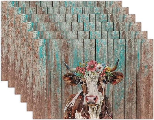 Highland Cow Retro Placemats Set of 6 Washable Table Mats for Kitchen Dining Table,Heat-Resistant Place Mats for Indoor Outdoor Party Holiday Decoration