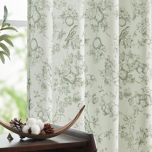 jinchan Linen Floral Curtains for Living Room 96 Inch Long Sage Green Printed Flower French Country Curtain Farmhouse Cottage Core Toile Curtains Back Tab Light Filtering Window Drapes Set 2 Panels