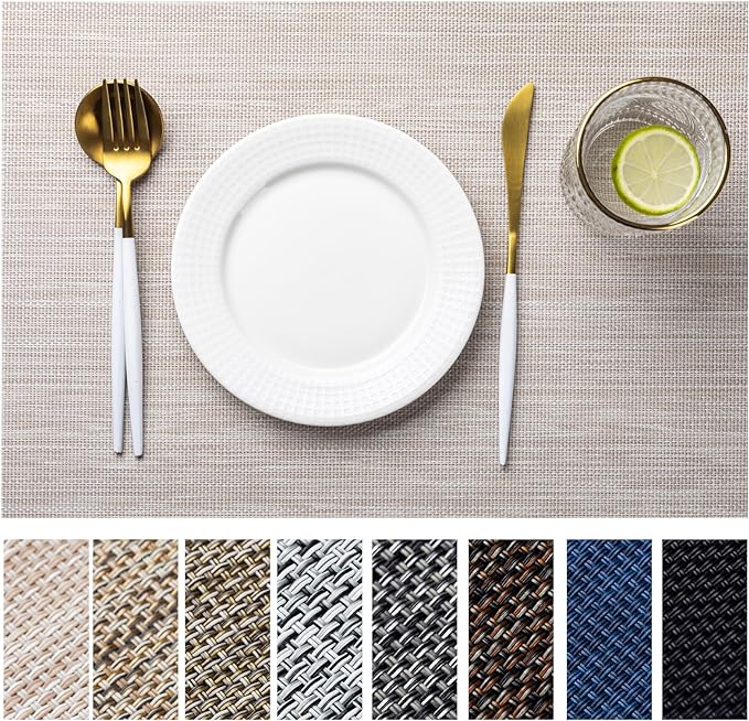LEXMORE PlaceMats Set of 12 Vinyl/Plastic Woven Place Mats for Kitchen Table Indoor/Outdoor Washable PlaceMat Wipeable Dining Table Mats(Beige)