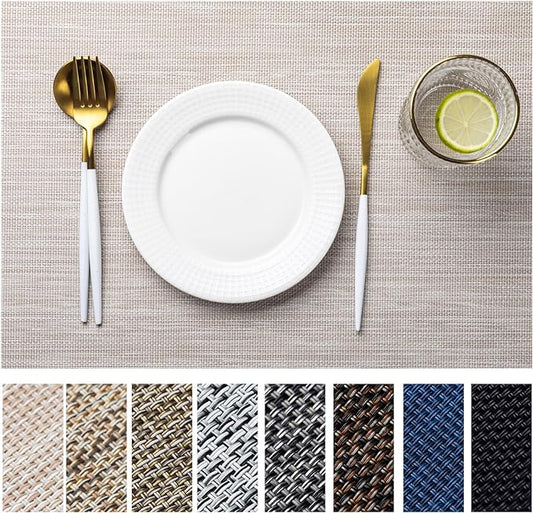 LEXMORE PlaceMats Set of 12 Vinyl/Plastic Woven Place Mats for Kitchen Table Indoor/Outdoor Washable PlaceMat Wipeable Dining Table Mats(Beige)