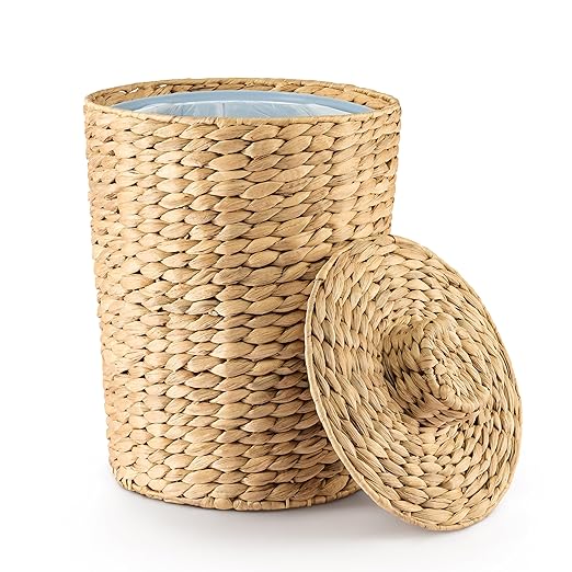1.3 Gallons Wicker Waste Basket - Water Hyacinth Bathroom Garbage Can - Trash Can with Lid Boho Style - Wicker Trash Can with Lid for Household, Kitchen, Bedroom - Removable Liner, Iron Frame