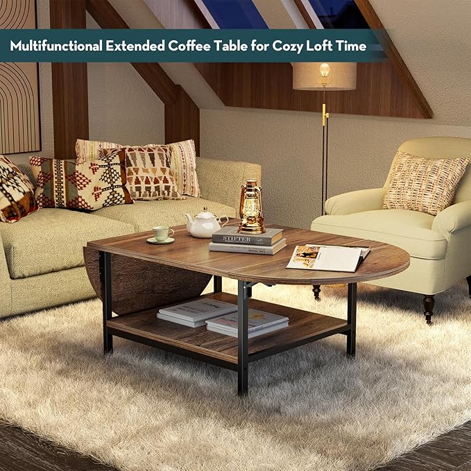 SAYGOER Coffee Table 2-Tier Small Folding Coffee Tables with Storage for Living Room Mid Century Center Table Vintage Extended Table with Two Foldable Panel for Large or Small Space, Rustic Brown