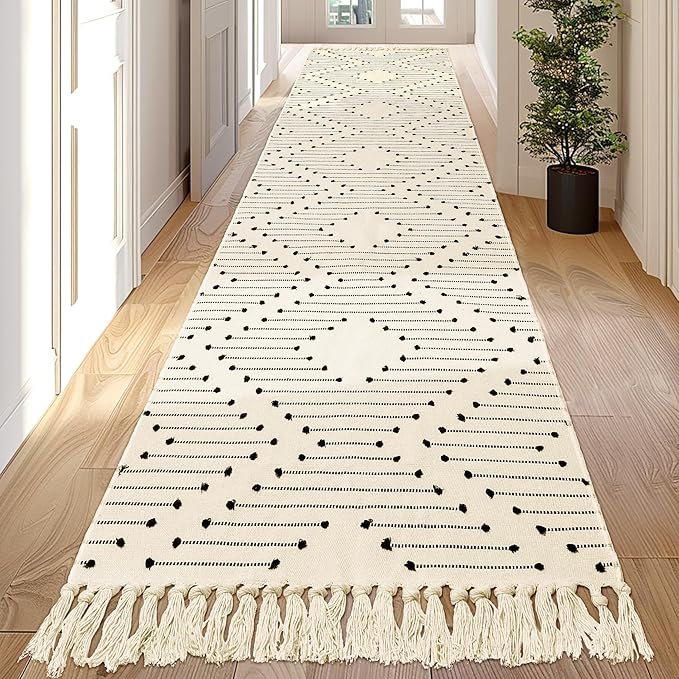 Tritard Boho Runner Rug 2x12 - Washable Extra Long Hallway Rug with Tassel, Thin Woven Farmhouse Kitchen Runner Rugs Cotton Aztec Indoor Low Pile Carpet for Entryway, Laundry, Bathroom, Beige Cream