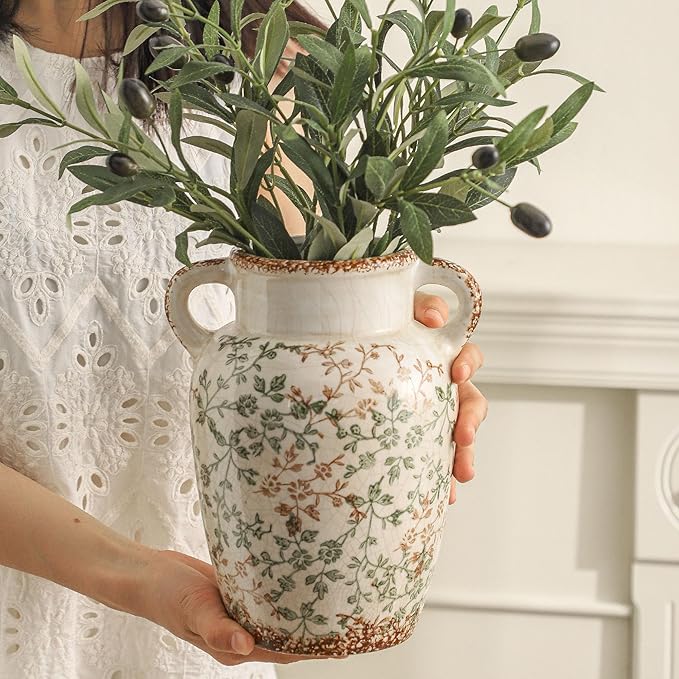 Enra Farmhouse Vintage vase with Handle,9.4 in Ceramic Chinoiserie Floral Vase,Green and Beige Decorative Flower vase,Large Rustic Vases for Home Decors, Living Room, Bookshelf, Office