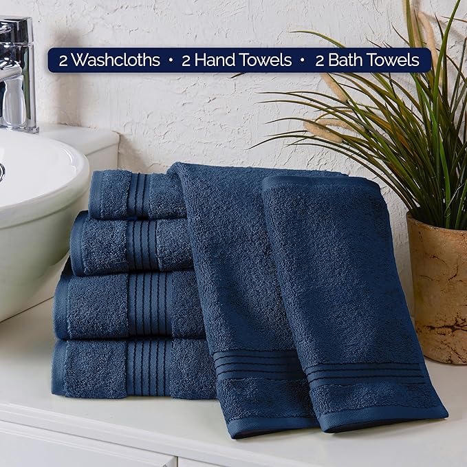Elegant Comfort Premium Cotton 6-Piece Towel Set, Includes 2 Washcloths, 2 Hand Towels and 2 Bath Towels, 100% Turkish Cotton - Highly Absorbent and Super Soft Towels for Bathroom, Navy