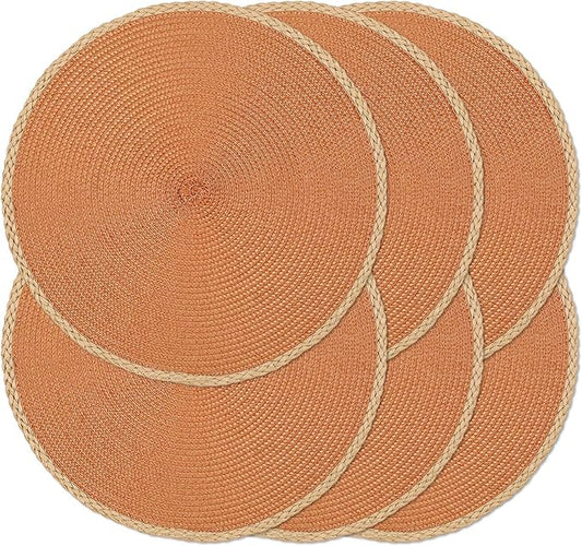 Noctiflorous Round Braided Placemats Set of 6 Table Mats 15 Inches Washable Heat Resistant for Dining Table Non-Slip Indoor Outdoor Place Mats for Thanksgiving Christmas Easter(Orange Thin Edge 6)
