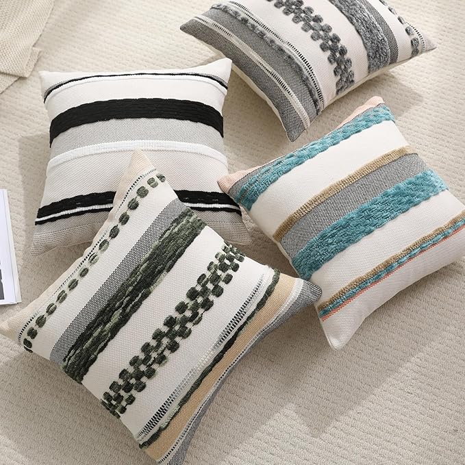 Boho Pillow Covers 18x18 Set of 2 for Couch-Modern Farmhouse Sofa Decorative Blue Throw Pillow Covers Textured Chenille Cushion Covers Outdoor Netural Bohemian Pillow Cases Square