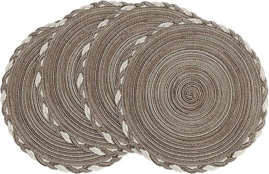 Floroom 15 Inch Round Braided Placemats Set of 4, Washable Heat Resistant Cotton Polyester Circle Place Mats for Kitchen Dining Table - Multicolor Earth Taupe