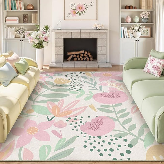 Pink Area Rug 8x10 Washable Boho Large Living Room Carpet Non Slip Kitchen Soft Cute Bedroom Botanical Indoor Accent Rug for Office Dining Room Nursery Bathroom Farmhouse