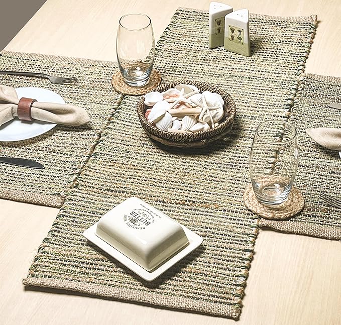 Chardin Home Natural Jute Table Runner 13x36 Inch – Vintage Boho Rustic Table Decor – Handwoven Jute Table Runner in Natural and Green – Farmhouse Dining or Console Table Accent