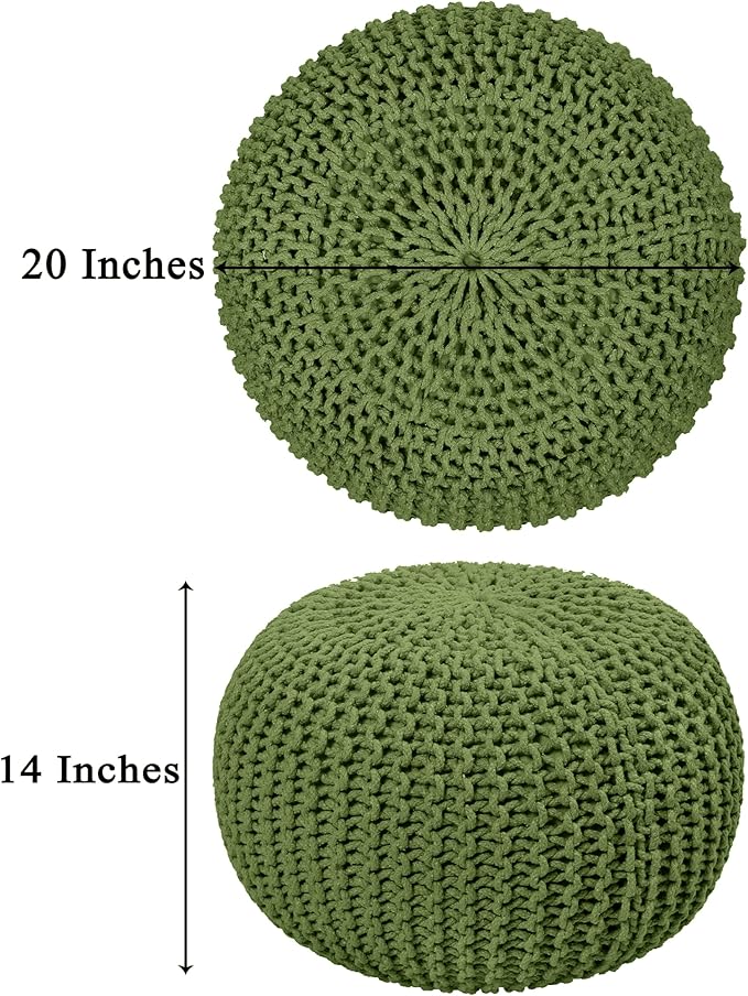 COTTON CRAFT Round Dori Pouf - Cotton Braid Cord Cable Knitted Ottoman - Foot Stool - Footrest - Floor Pouf - Accent Furniture - Woven Ottoman - Bean Bag - Living Room Dorm - 20 Dia x 14 High - Sage