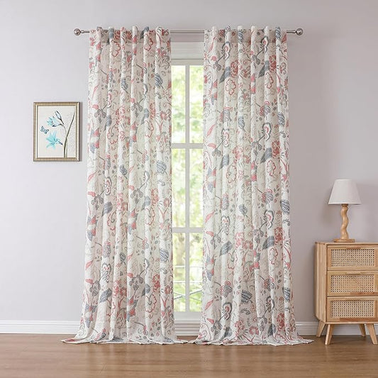 Kayne Studio Backtab Rod Pocket Jacobean Floral Semi Sheer Curtains Botanical Leaf Printed Vintage Farmhouse Navy Red Light Filtering Window Treatment Sets Living Room Bedroom,52"x90",2 Panels