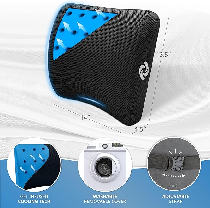 SAMSONITE Gel-Infused Memory Foam Lumbar Support Pillow with Enhanced Airflow Design for Cooling Experience, Fits Most Office Chairs and Car Seats, Lower Back Cushion for Enhanced Ergonomic Benefits…
