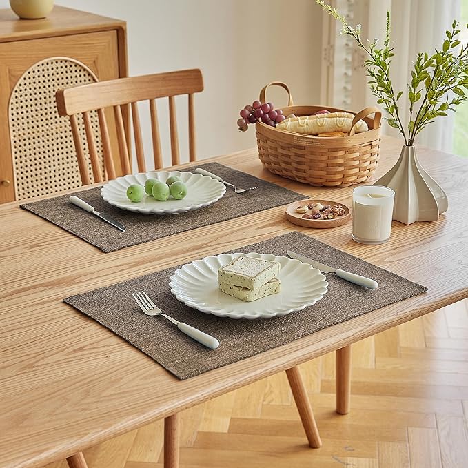 Softalker Faux Linen Placemats Set of 12-12 x 18 Inch, Heat Resistant Double Layered Durable Burlap Farmhouse Place Mats, Non-Slip Washable Rustic Table Mats for Dining, Kitchen, Party（Brown