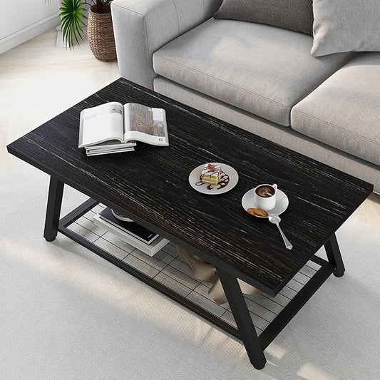 Tohomeor 2-Tier Industrial Coffee Table Mnimalist Vintage Farmhouse Wooden and Metal Living Room Coffee Table with Storage Shelf Accent Furniture (Charcoal Black)