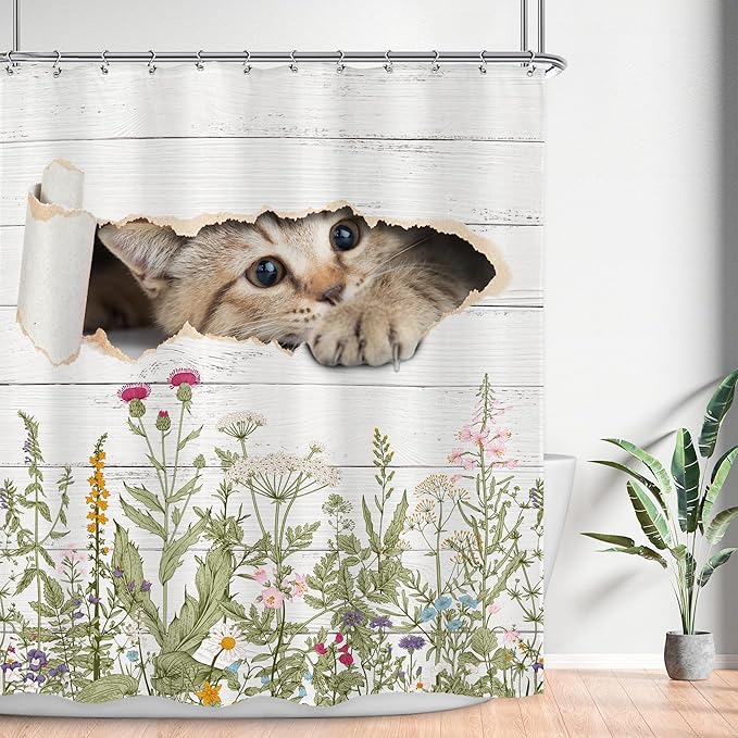 LGhtyro Wildflower Cats Shower Curtain Bathroom Set 60Wx71H Inches Kids Funny Floral Rustic Plant Leaves Botanical Country Bath Accessories Animal Cute Flower Art Home Decor Fabric 12 Pack Hooks