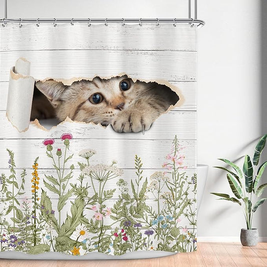LGhtyro Wildflower Cats Shower Curtain Bathroom Set 60Wx71H Inches Kids Funny Floral Rustic Plant Leaves Botanical Country Bath Accessories Animal Cute Flower Art Home Decor Fabric 12 Pack Hooks