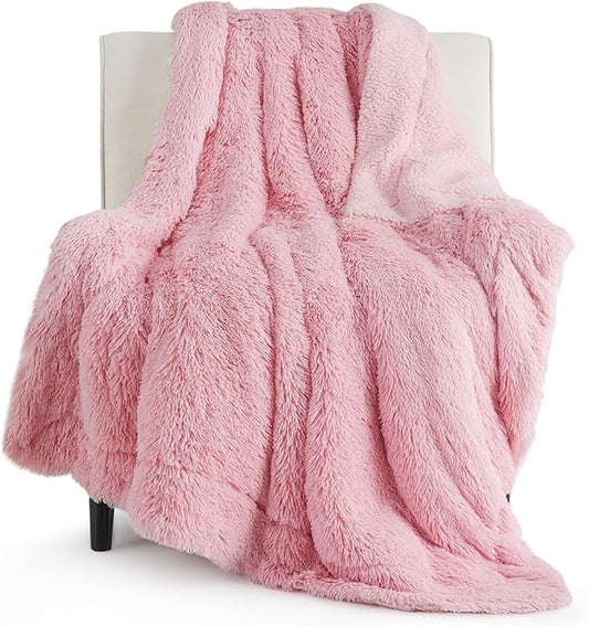 Bedsure Fuzzy Sherpa Faux Fur Twin Blanket Pink Cozy Gifts for Women Men, Soft Fleece Plush Warm Minky Thick Blanket Twin Size for Bed, Couch, Room Decor Dorm Essentials Pink Decor Gifts, 60x80