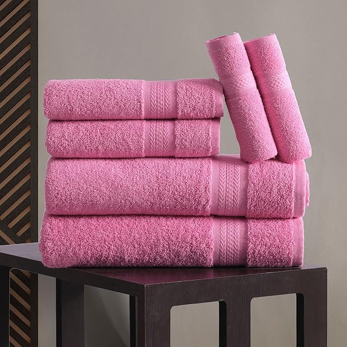 Quick-Dry, Soft & High Absorbent Bath Towels Cotton Turkish Bath Towel Set of 6 | Daily Use 100% Cotton Towels for Bathroom, Gym & More | Bathroom Towels Set (6 Pcs, Hot Pink)