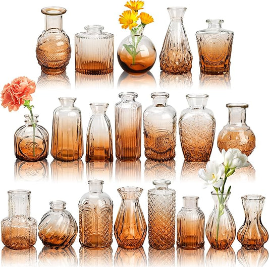 Der Rose Bud Vases in Bulk Glass Vase for Centerpieces Set of 20 Small Flower Vases Mini Vintage Vases for Rustic Wedding, Home Table Decorations (Amber)