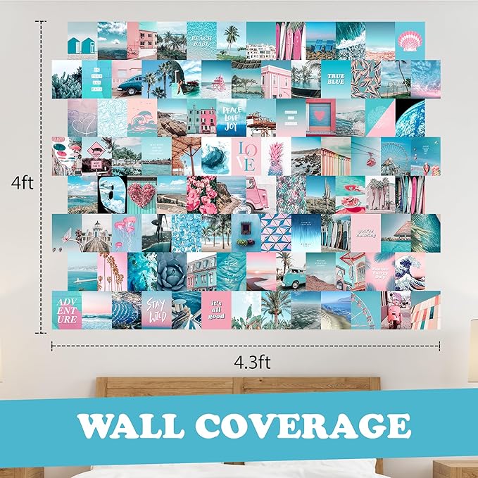Blue Aesthetic Wall Collage Kit, 100 Set 4x6 inch, Pink VSCO Room Decor for Teen Girls, Summer Beach Wall Art Print, Dorm Photo Collection, Small Posters for Room Aesthetic…