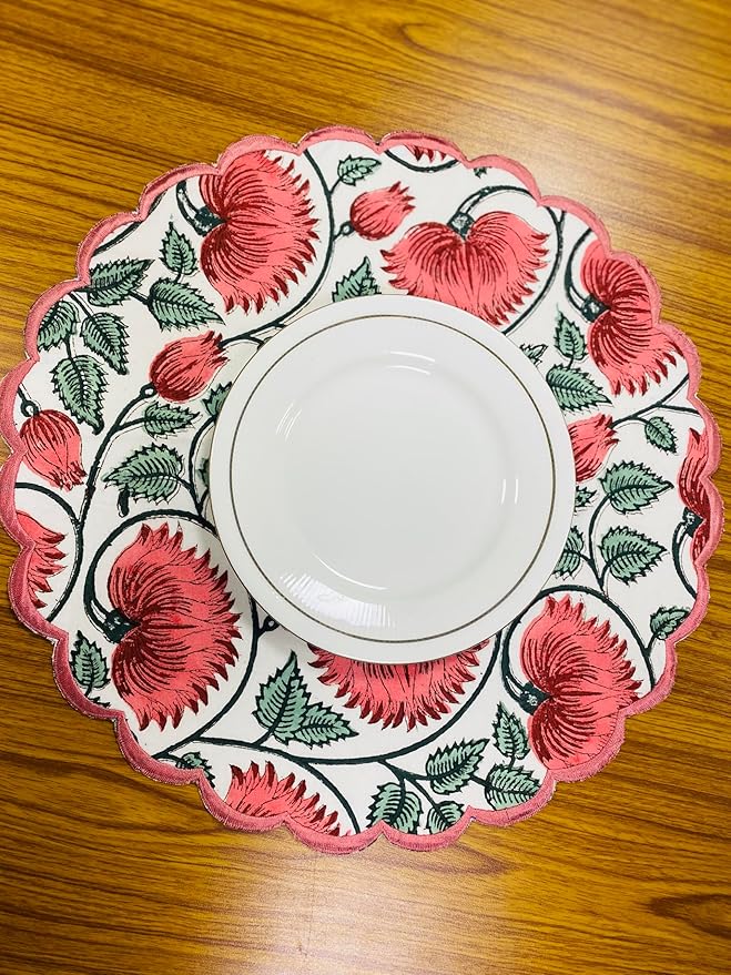 Ridhi Coral and Turquoise Green Bo-ho Round Place Mat Double Layer Floral Cotton Washable Placemats 15" Round Embroidery Block Print Table Mat Pack of 4-15 Inch Round
