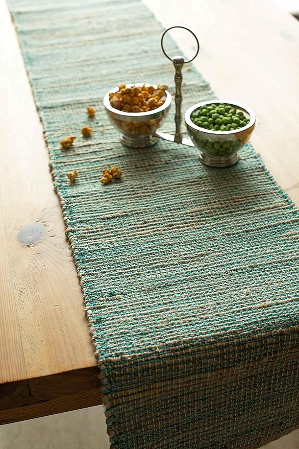 Chardin home Natural Jute Table Runner 13x90 Inch – Vintage Boho Rustic Table Decor – Handwoven Jute Table Runner in Natural and Aqua – Farmhouse Dining or Console Table Accent