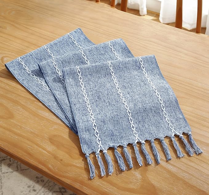 Rustic Farmhouse Style Linen Table Runner, Boho Handmade Tassel Embroidery Table Runners 48 Inches Long for Holiday Party, Dresser and Dining Decorations, 13 x 48 inch - Blue