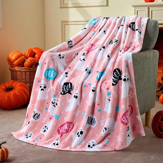 Joiedomi Halloween Throw Blanket - Soft Plush Pink Ghost Blanket - Cozy Flannel Decoration for Party, Sofa, Bed, Living Room 50"x60"
