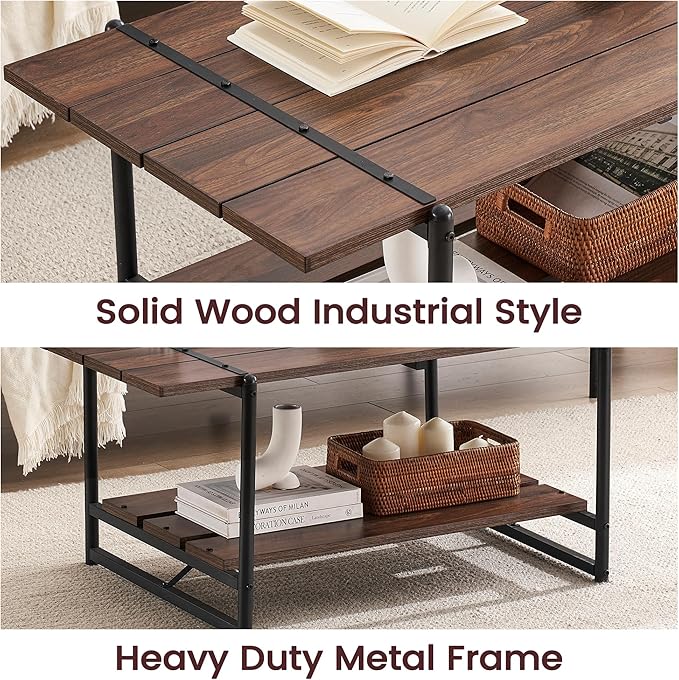 2-Tier Farmhouse 41'' Large Gray Wood Coffee Table with Storage Shelf -Modern Rustic Metal Rectangle Center Living Room Coffee Table Accent Furniture for Home Office,Easy Assembly(Walnut Brown)