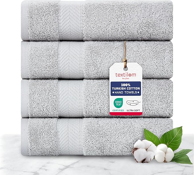 TEXTILOM Turkish Hand Towels for Bathroom – Hotel and Spa Quality & Soft & Absorbent & Quick Dry Bathroom Hand Towels – 100% Cotton Turkish Handtowel Set of 4 (16 x 28 inches) - Light Grey