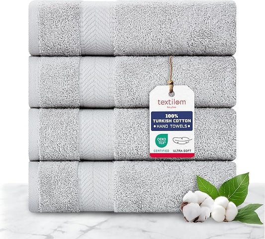 TEXTILOM Turkish Hand Towels for Bathroom – Hotel and Spa Quality & Soft & Absorbent & Quick Dry Bathroom Hand Towels – 100% Cotton Turkish Handtowel Set of 4 (16 x 28 inches) - Light Grey