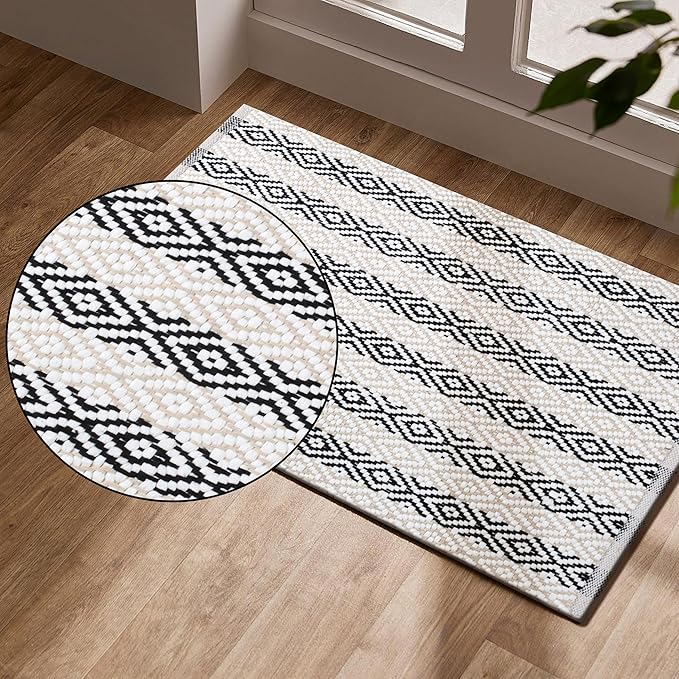 Bedding Craft Diamond Stripe Area Rug for Living Room 24x36 Inch - Beige/White/Black - Machine Washable 2x3 Feet Rugs - 60% Cotton 40% Mixed Fiber, Area Rug for Bedroom, Arearug for Bedroom