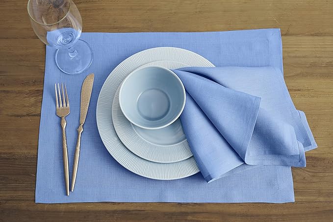 Solino Home Linen Placemats Set of 4 - Provence Blue Placemats 14 x 19 Inch - 100% Pure Linen Table Place Mats for Summer - Fete